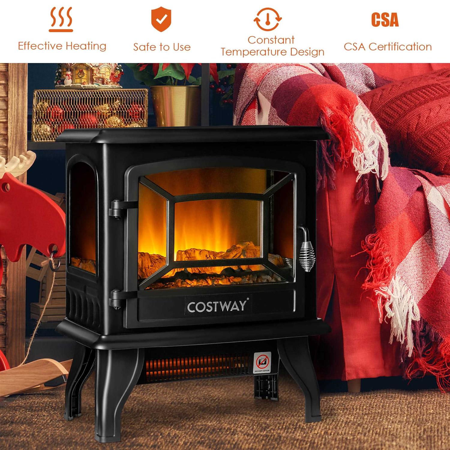 Costway 20&” Freestanding Electric Fireplace Heater Stove W/ Thermostat & Flame Effect