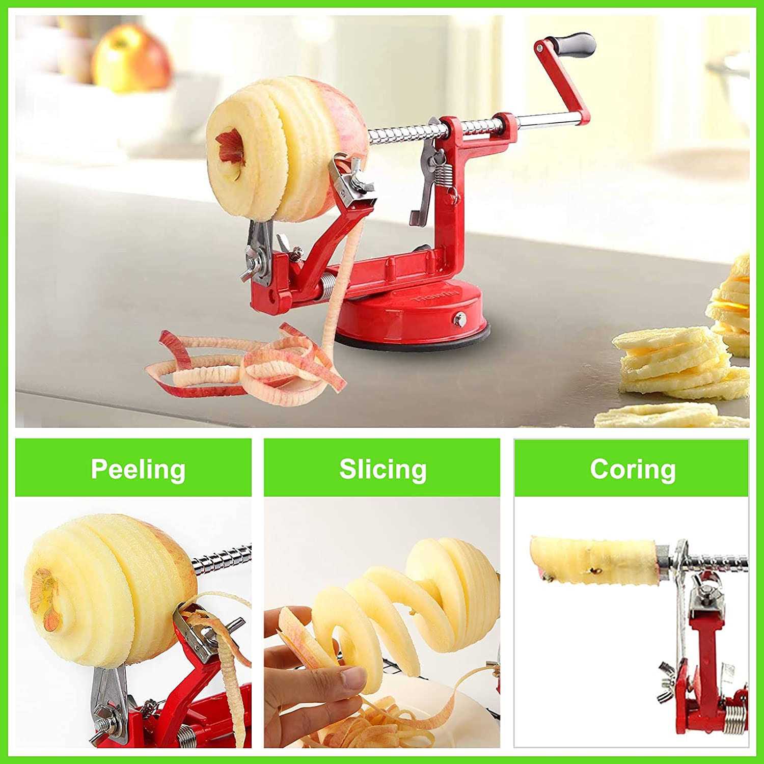 tigwin Apple Peeler Corer, Long lasting Chrome Cast Magnesium Alloy Apple Peeler Slicer Corer with Stainless Steel Blades and Powerful Suction Base