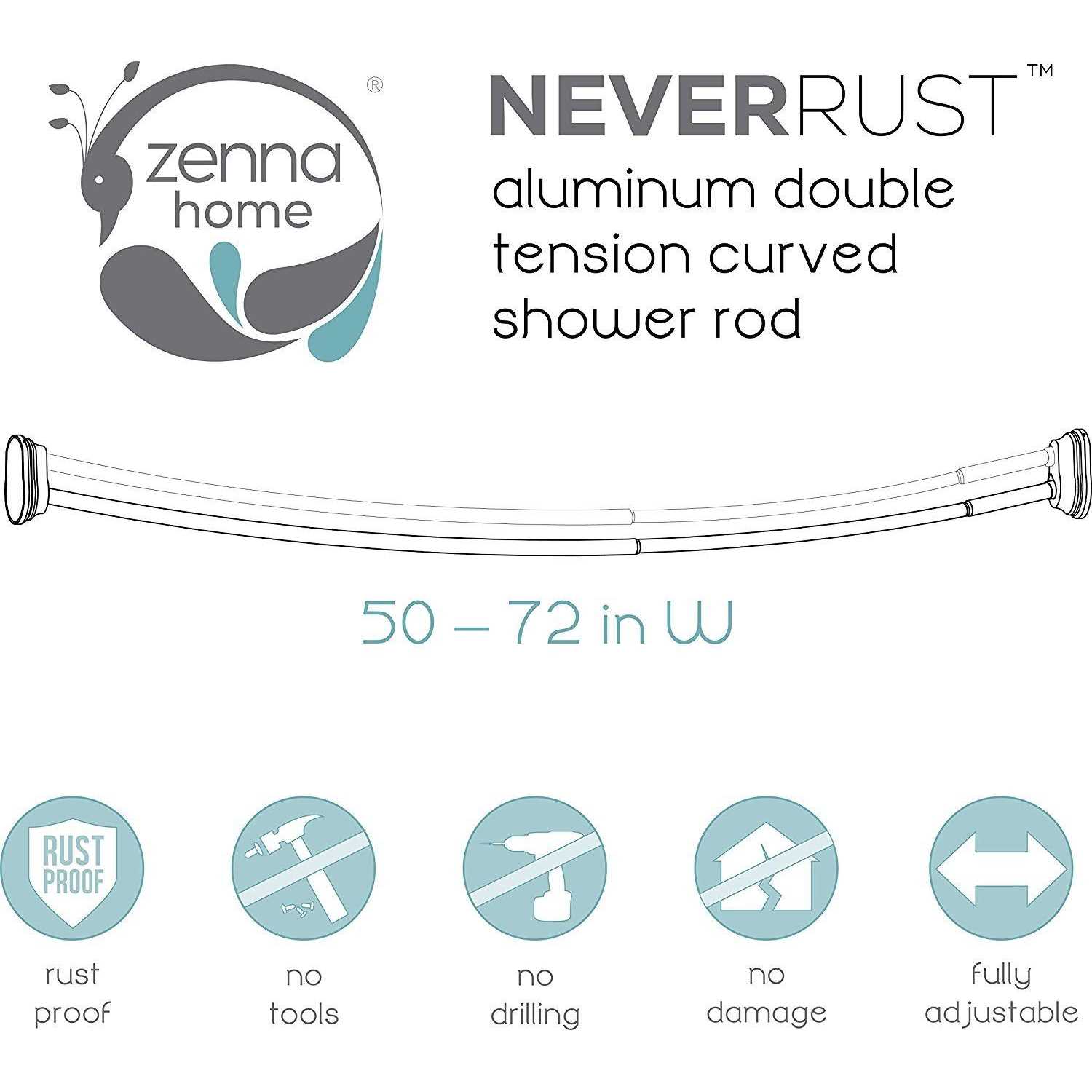 Zenna Home 35644HB NeverRust Aluminum Double Curved Tension Shower Curtain Rod 50 to 72 inch Bronze