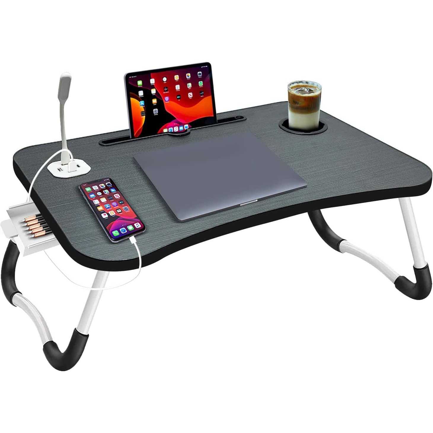 Laptop Bed Desk, Foldable Laptop Bed Table Tray with USB Ports, Storage Drawer and Cup Holder,Tablet/Phone Slot