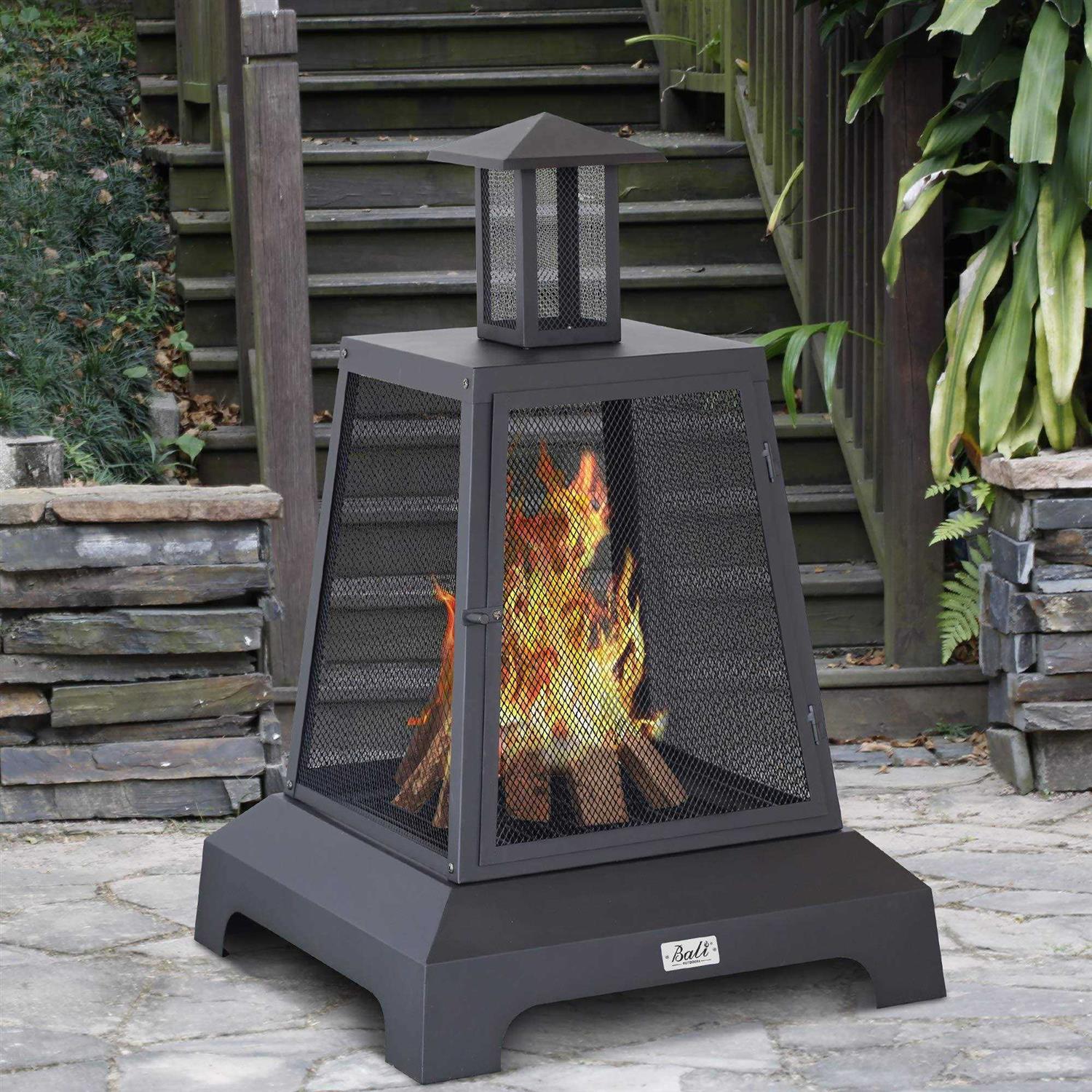 BALI OUTDOORS Chimenea Fireplace Outdoor Fireplace Fire Pit Wood Burning Fire Pit Patio Square Iron Fire Pit 27.5 Large Fire Pits Fire Poker Mesh Spark Screen