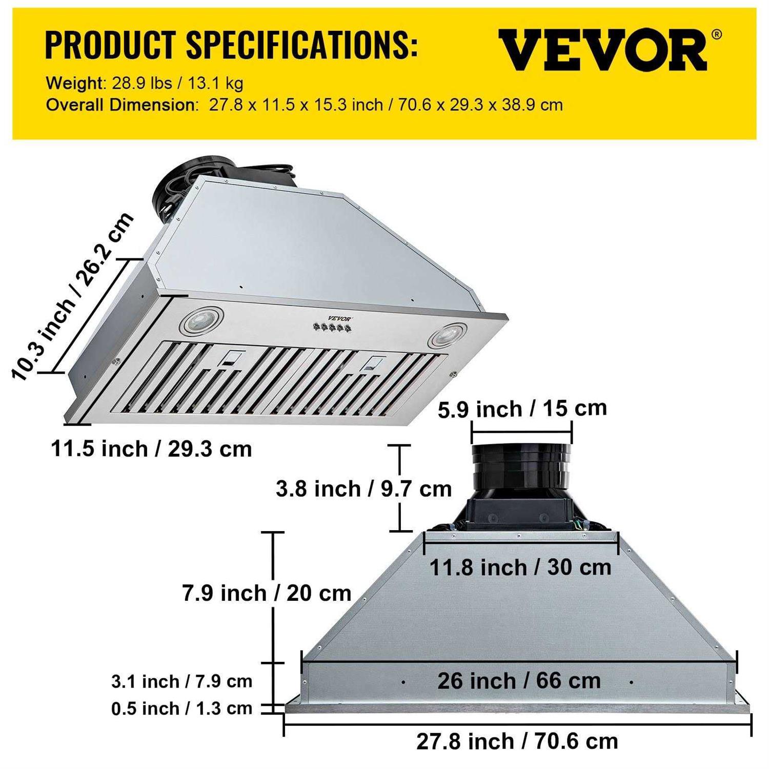 VEVOR Insert Range Hood 800CFM 3-Speed Inch Stainless Steel Built-in Kitchen Vent