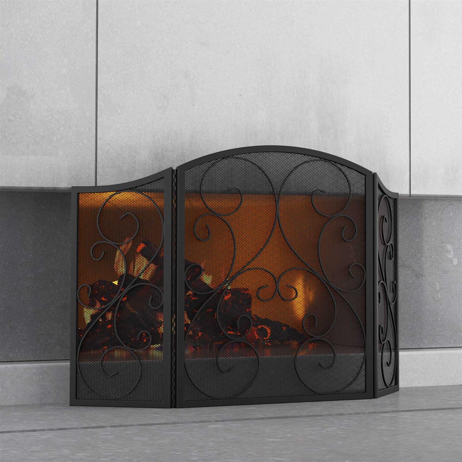 Fire Beauty Fireplace Screen 3 Panel Wrought Iron Black Metal 48 x30 Spark Guard Cover