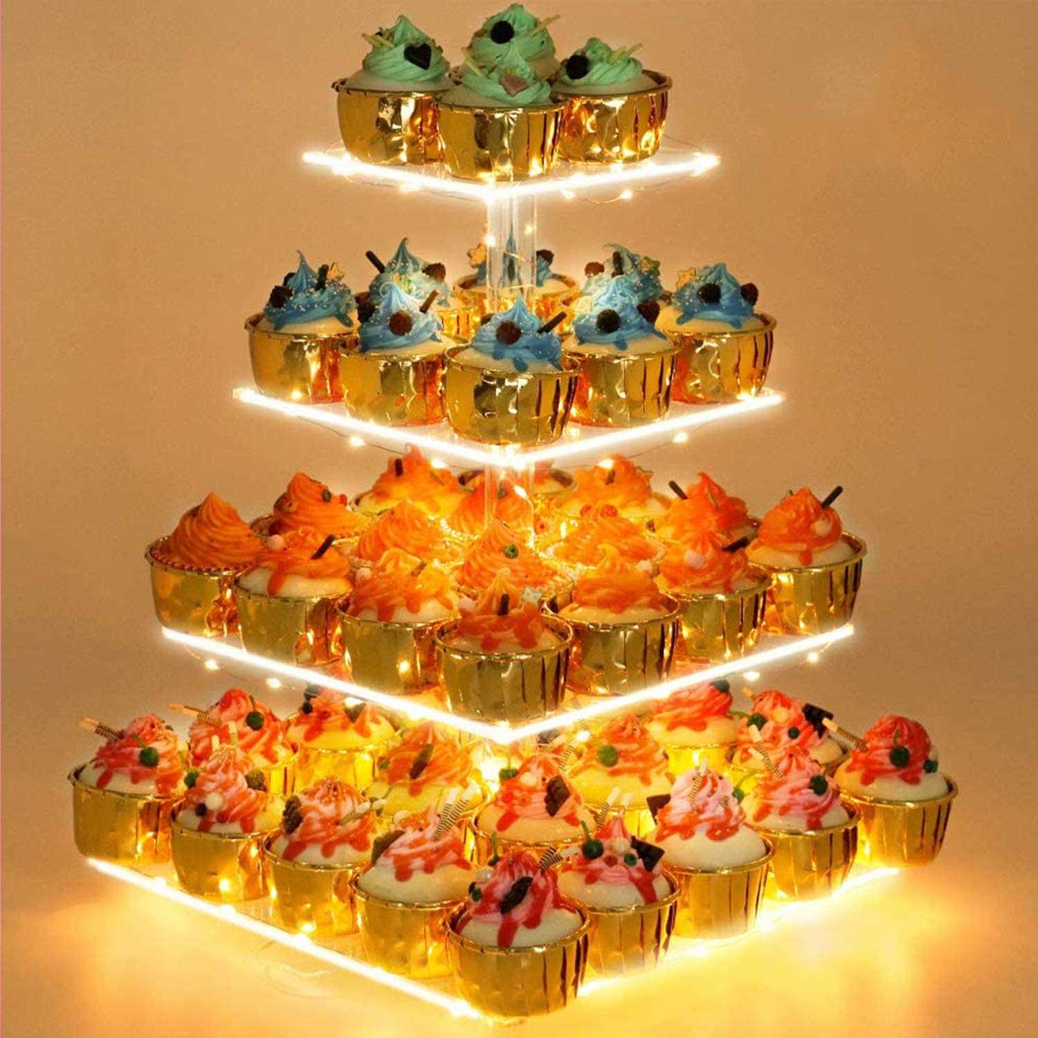 YestBuy 4 Tier Cupcake Stand Acrylic Tower Display with LED Light Premium Holder Dessert Tree Tower for Birthday Cady Bar Décor Weddings