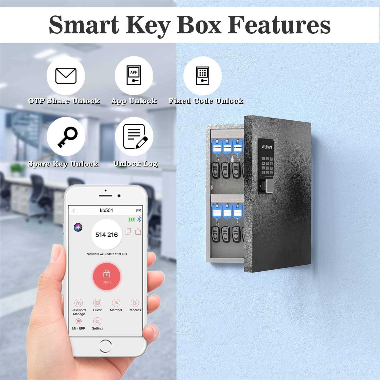32 Key Cabinet Organizer,Metal Key Lock Box Wall Mount use OTP Technology Unlock,Fixed Password/Bluetooth Unlock