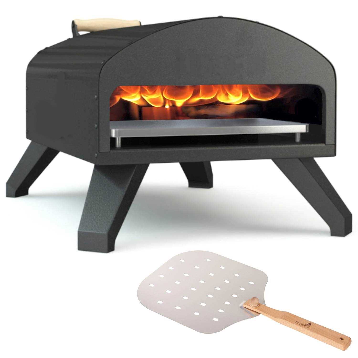 Bertello Outdoor Pizza Oven Black + Pizza Peel Combo. Wood Fire Portable Brick Oven