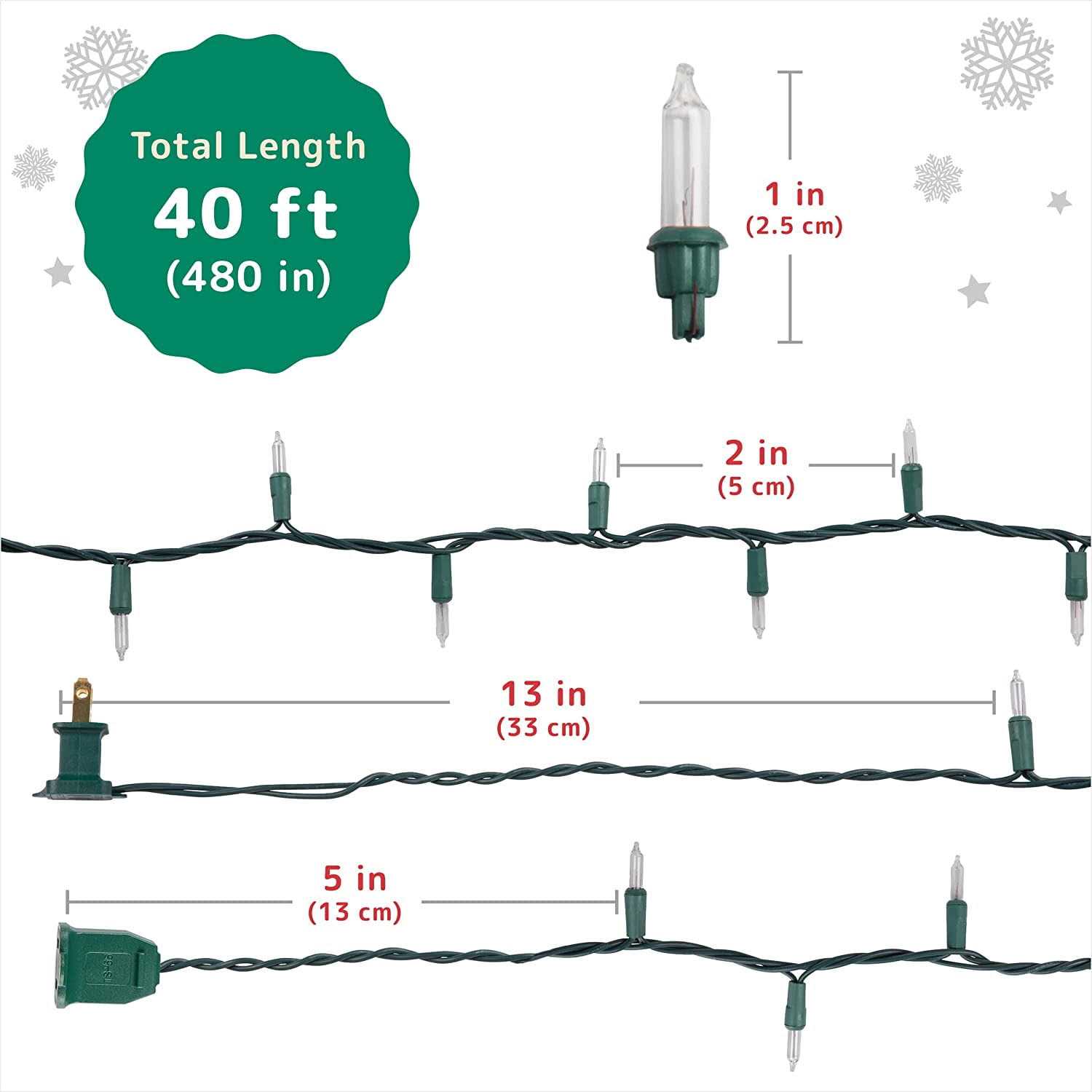 Prextex Christmas Lights Clear White Christmas Tree Lights with Green Wire