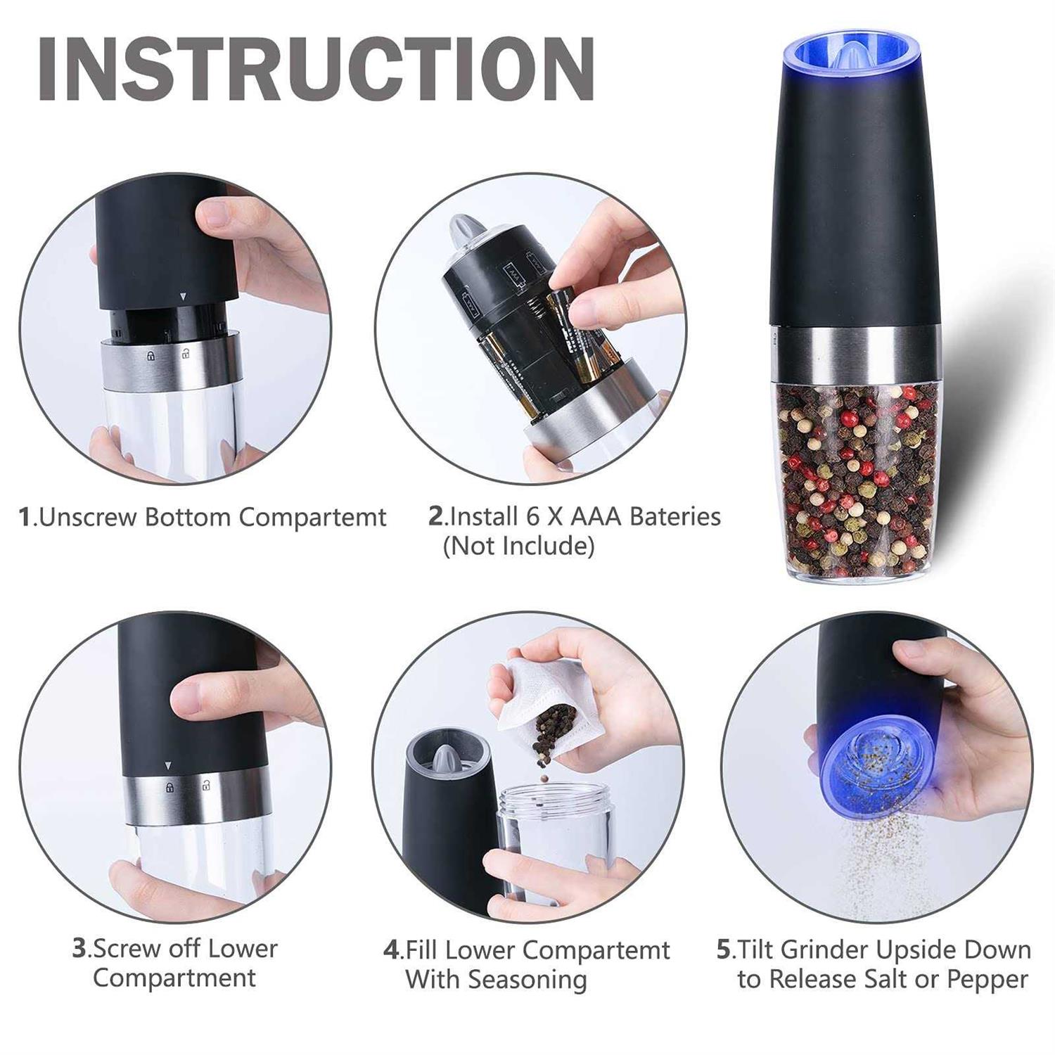 2 Pack Gravity Electric Salt and Pepper Grinder Set Automatic Battery Powered Salt Mill
