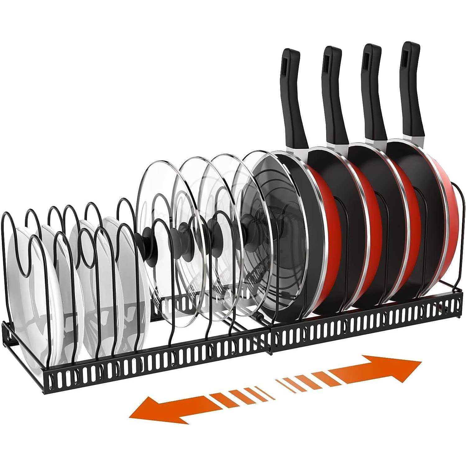 Housolution Pot and Pan Organizer Rack for Cabinet Expandable Pot Lid Organizer with 14 Adjustable Dividers Pan Holder Storage Rack