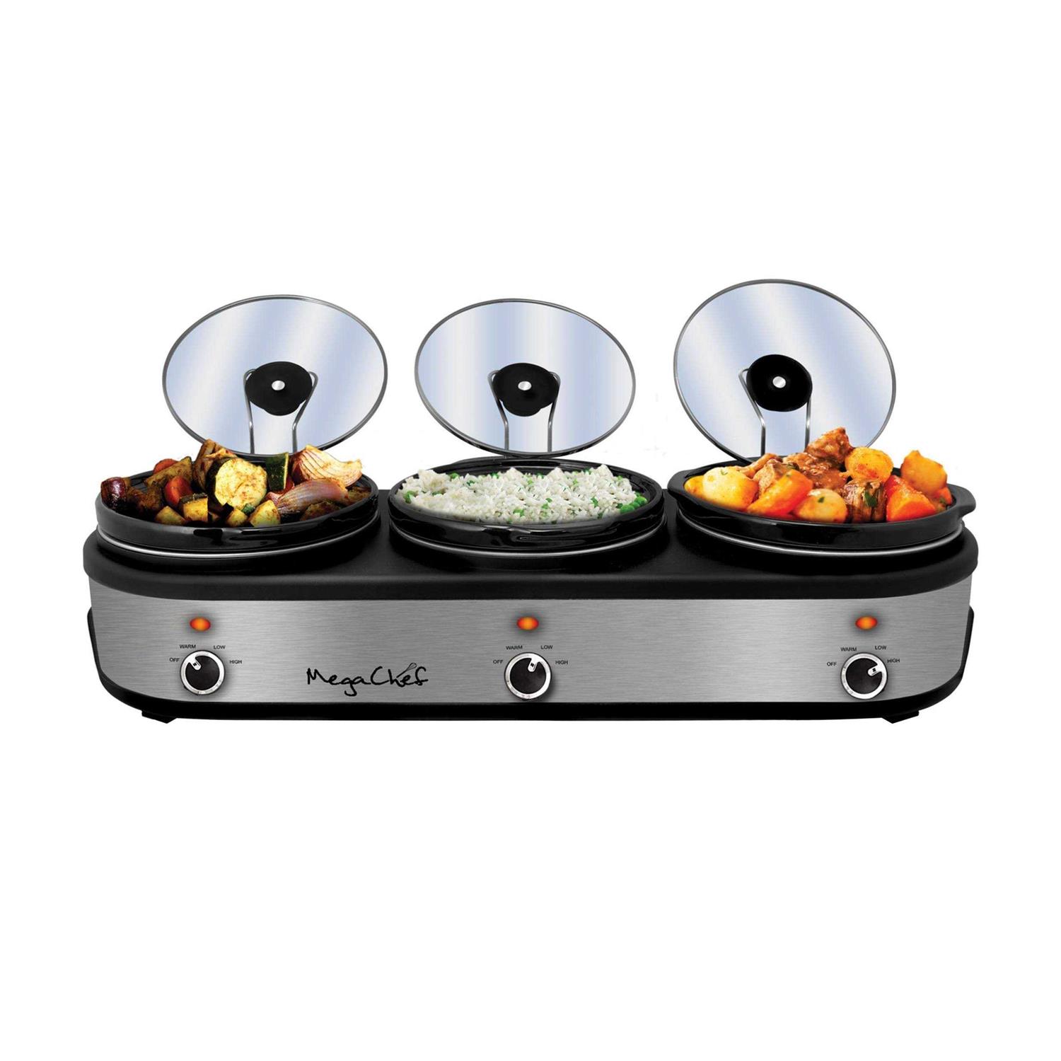 MegaChef Triple 2.5 Quart Slow Cooker and Buffet Server in Brushed