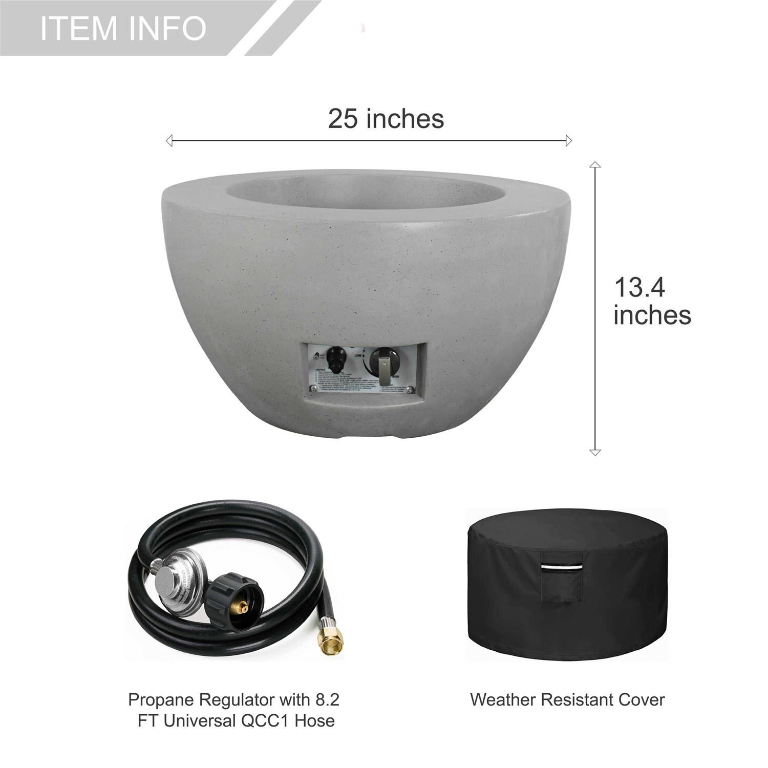 Kante 25 Inch Wide Round Concrete and Metal Outdoor Eco-Friendly Smokeless 50,000 BTU Propane Gas Fire Pit Bowl Table