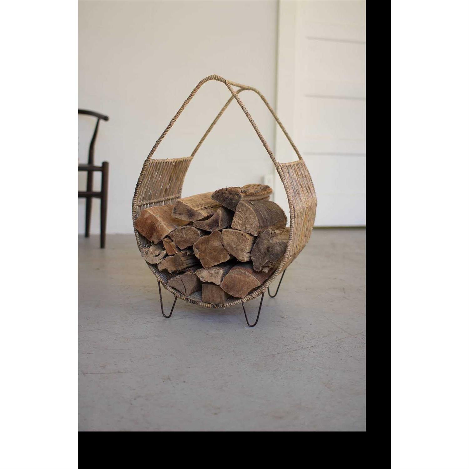 Kalalou Woven Rush and Metal Firewood Rack with Tall Handle