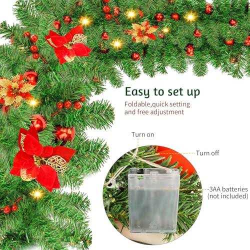 Christmas Garland with Lights 9FT Pre-Lit Artificial Christmas Green Garland for Stair Decorations with Spruce