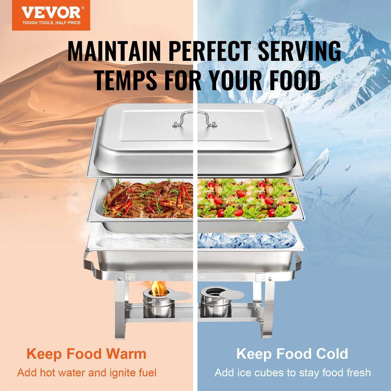 VEVOR 2-Pack Rectangle Chafing Dish Set 2 Full-Size 8Qt Pan 4 Half-Size 4Qt Pans