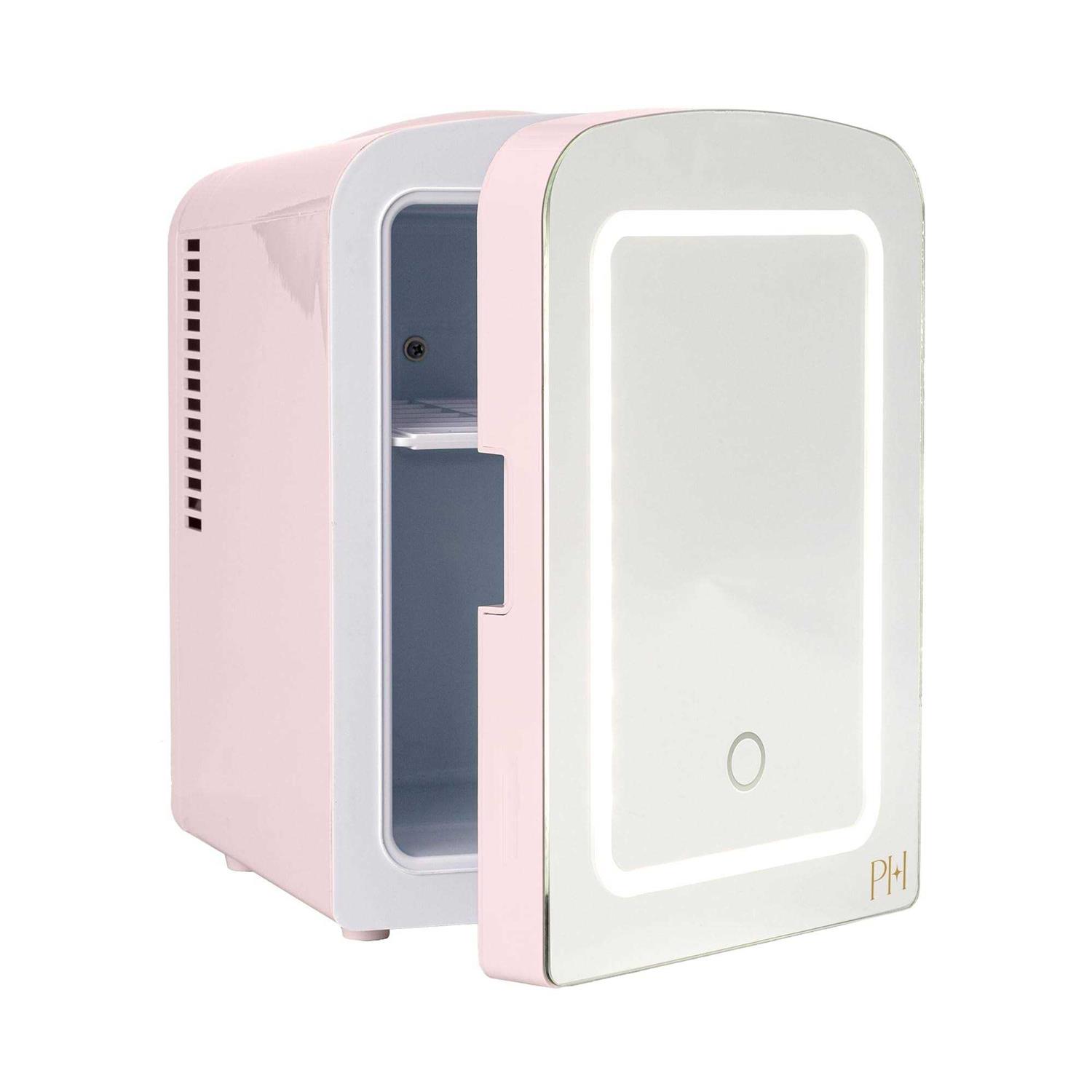 Paris Hilton Mini Refrigerator and Personal Beauty Fridge, Mirrored Door with Dimmable LED Light, Thermoelectric Cooling and Warming Function
