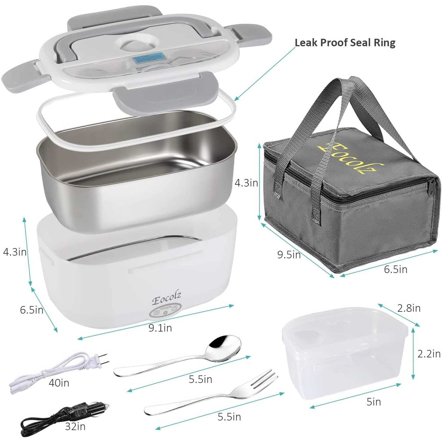 Eocolz Electric Lunch Box Food Heater Warmer 60W 2 in 1 Portable Lunch Box for Car Truck Home Work Leak Proof with 1.5l Removable 304 Stainless