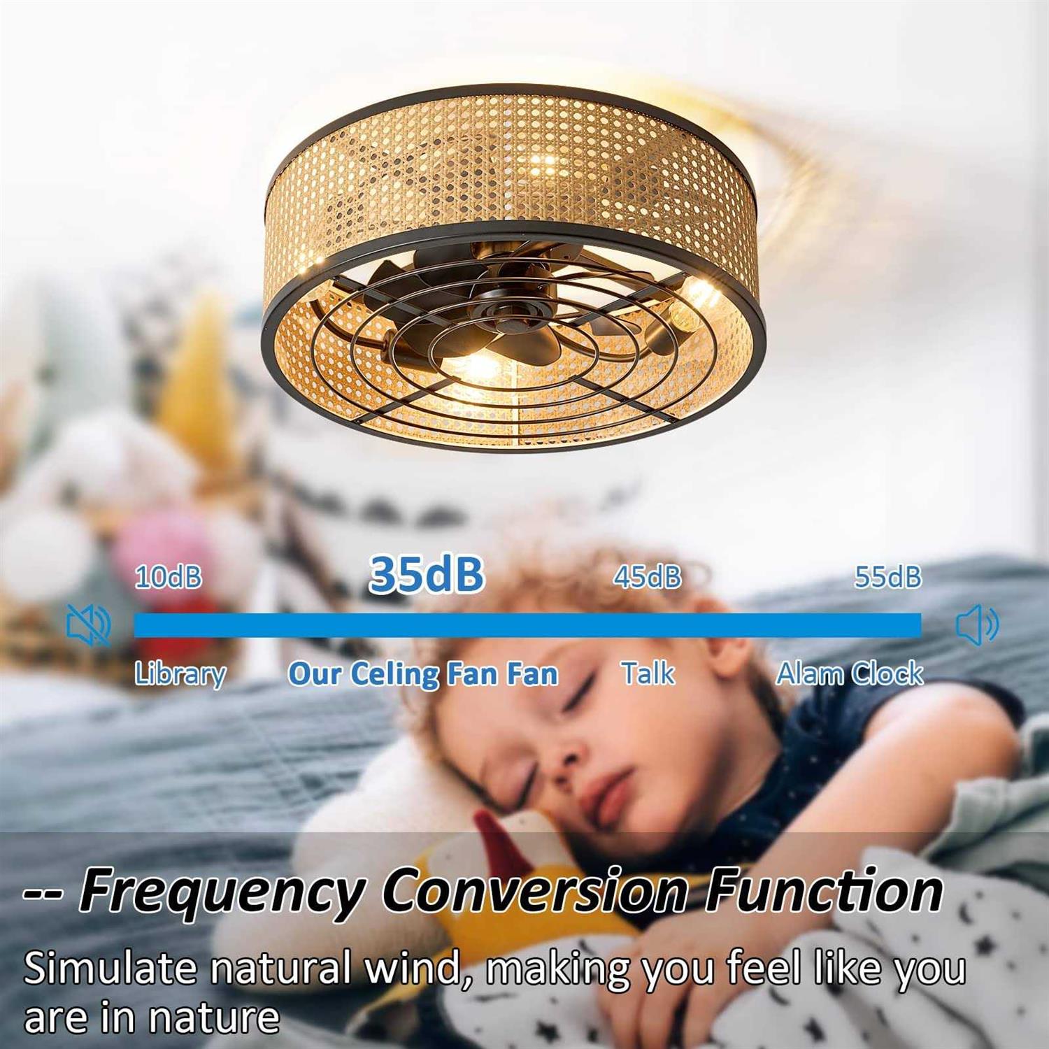 zheshirui Rattan Boho Ceiling Fan with Light Flush Mount, 20 Inch Caged Ceiling Fans with Light and Remote Control