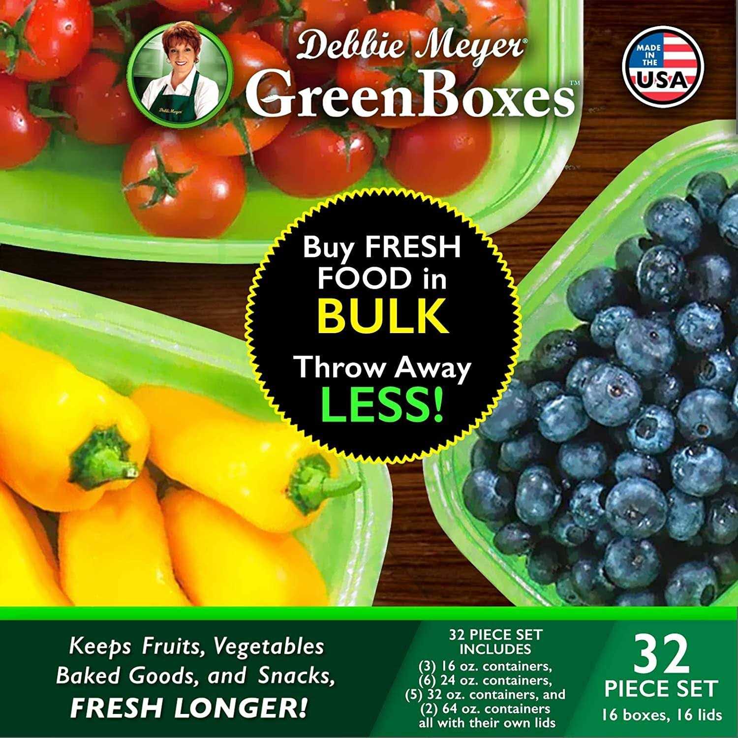 Debbie Meyer GreenBoxes 32 Piece Set – Keeps Fruits, Vegetables, Baked Goods and Snacks Fresh Longer, Reusable, Bpa Free, Microwave and Dishwasher