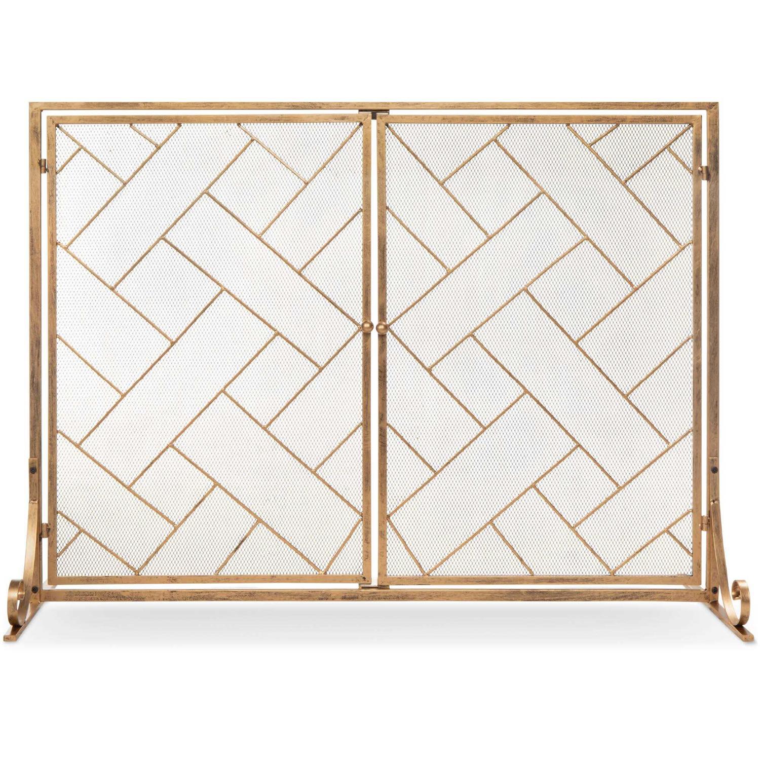 Best Choice Products 44x33in 2-Panel Handcrafted Wrought Iron Decorative Geometric Fireplace Screen w/ Magnetic Doors