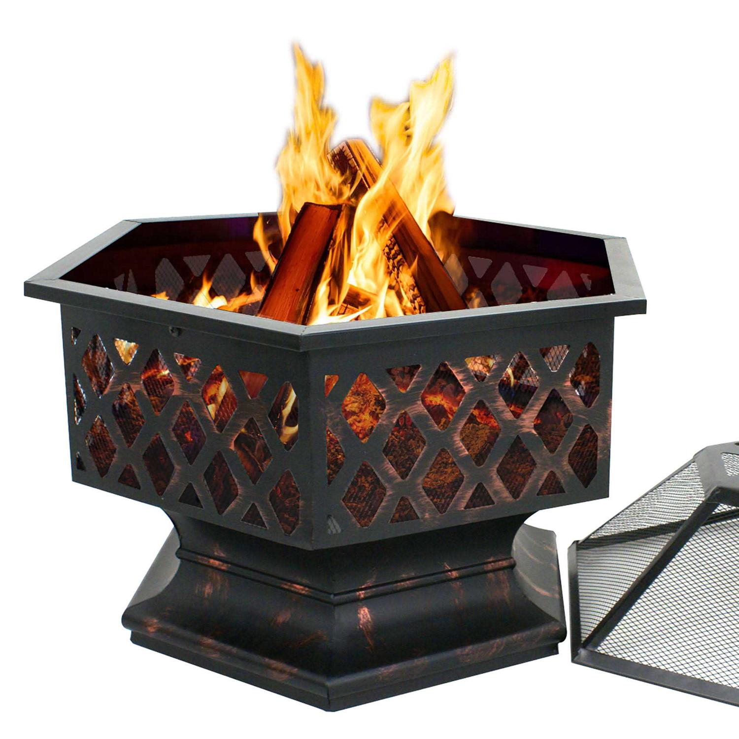 Zenstyle Outdoor Patio Steel Fire Pit 24 inch Hex Shaped Backyard Fireplace Wood Burning Firepit Bowl