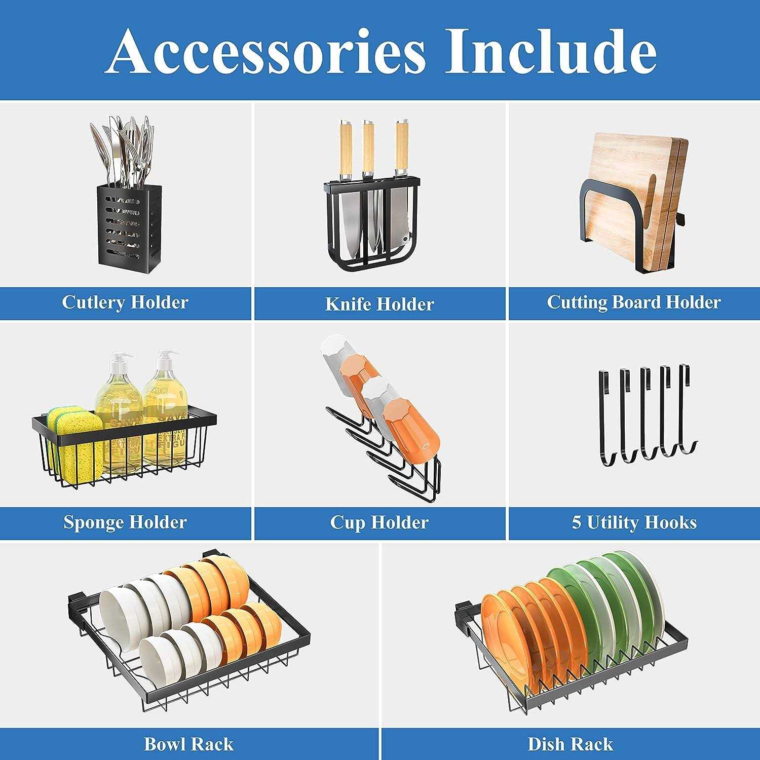 SNTD Over The Sink Dish Drying Rack Adjustable Large Dish Drying Rack for Kitchen Counter with Multiple Baskets Utensil Sponge