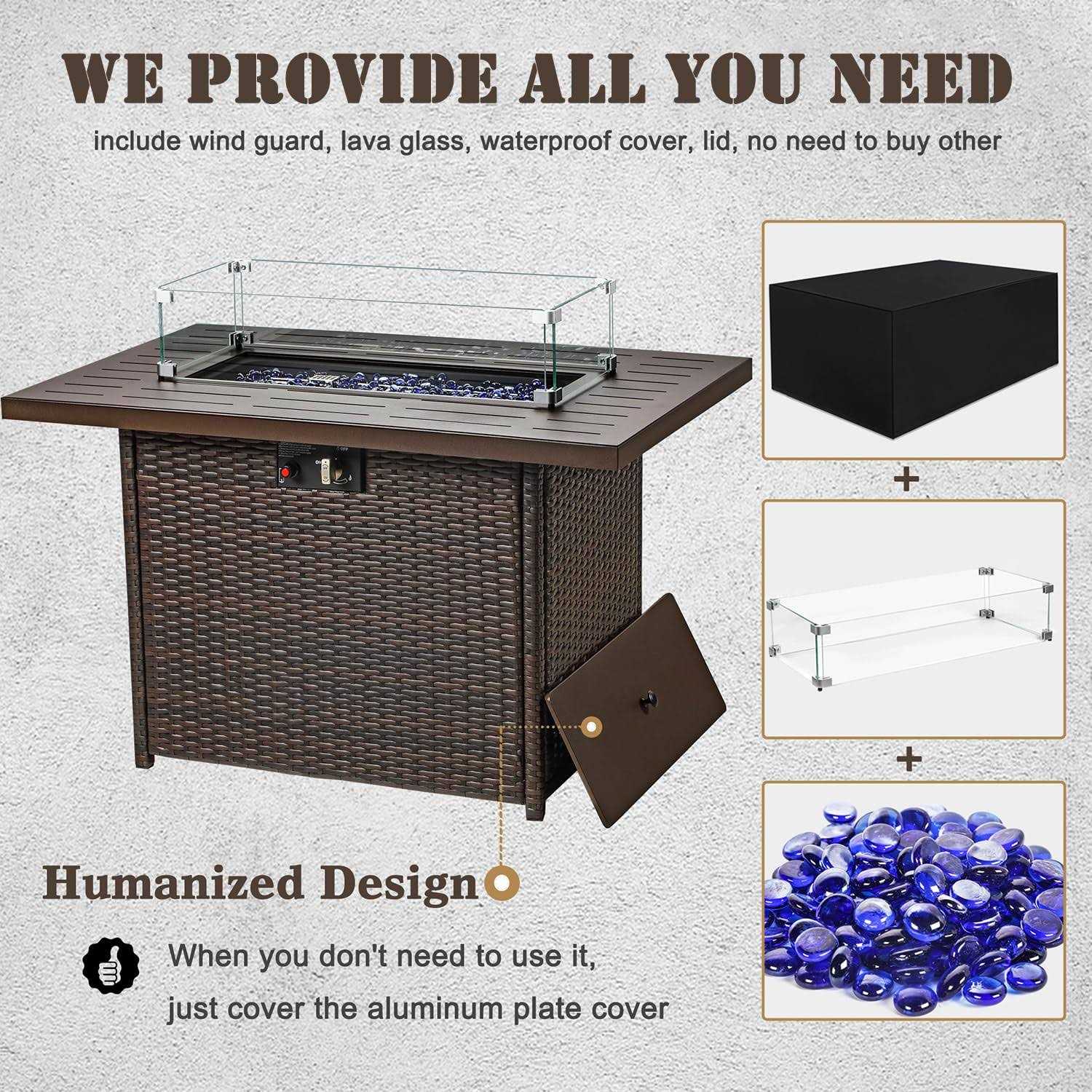 Vakollia Propane Fire Pit Table,44 Inch 55000 BTU Outdoor Gas Fire Pit Rectangular with Glass Wind Guard for Outside Patio Deck