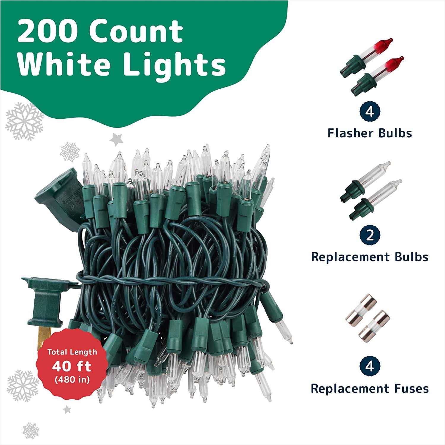 Prextex Christmas Lights Clear White Christmas Tree Lights with Green Wire
