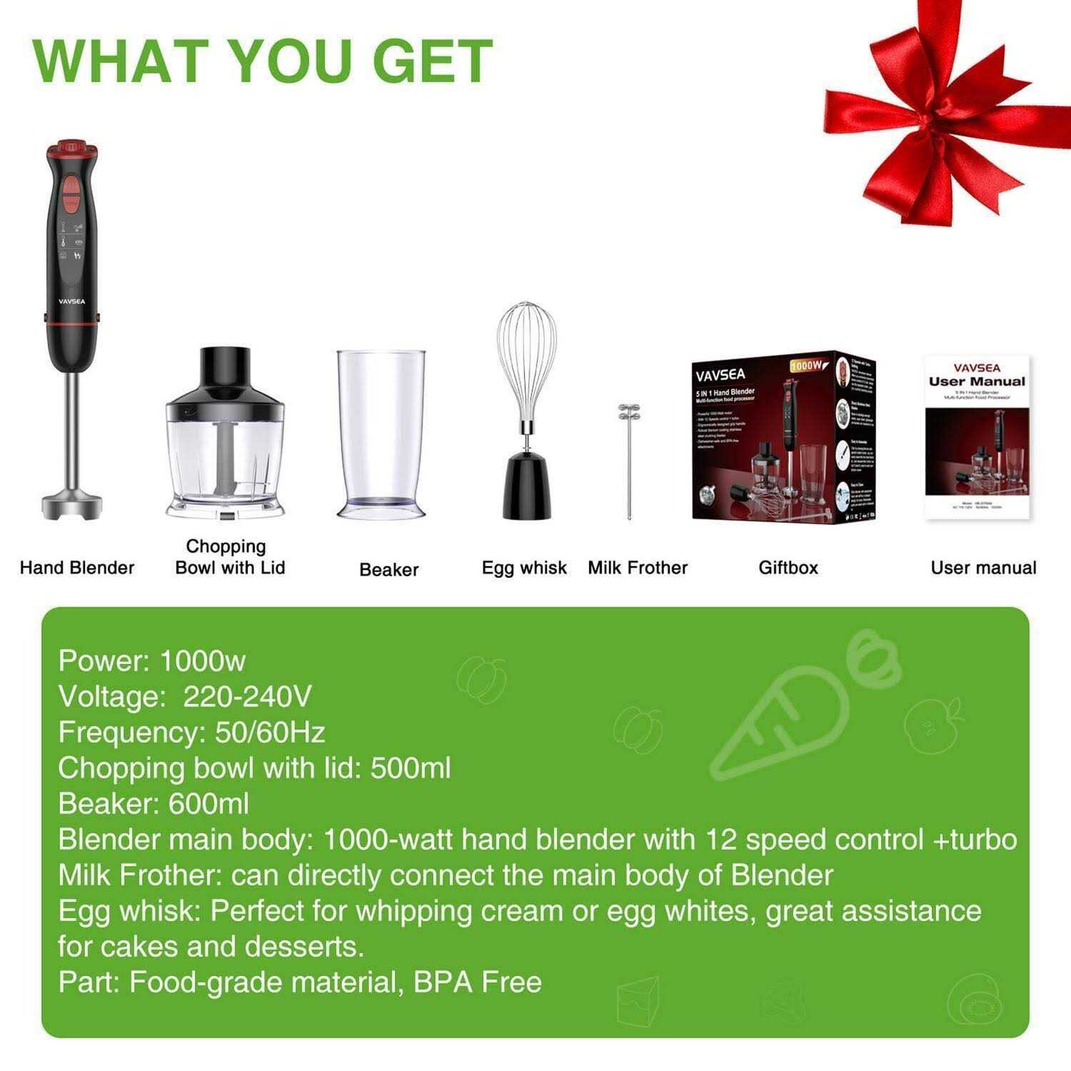 Vavsea HB-2076 mmersion Hand Blender 12-Speed Multi-Function Handheld Stick Blender with Stainless Steel Blades