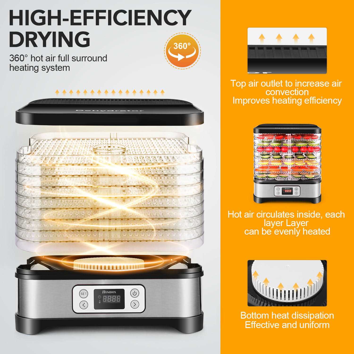 Qhomic Electric 400w 8 Trays Food Dehydrator Machine with Fruit Roll Sheet, Digital Timer, and Temperature Control for Meat or Beef Fruit Vegetable