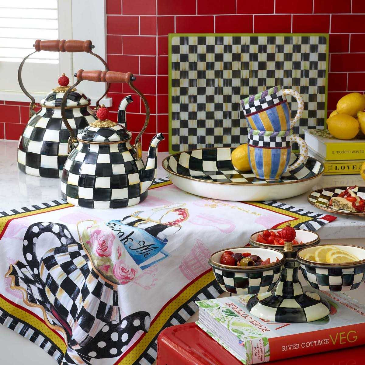 MacKenzie Childs Courtly Check Enamel Tea Kettle