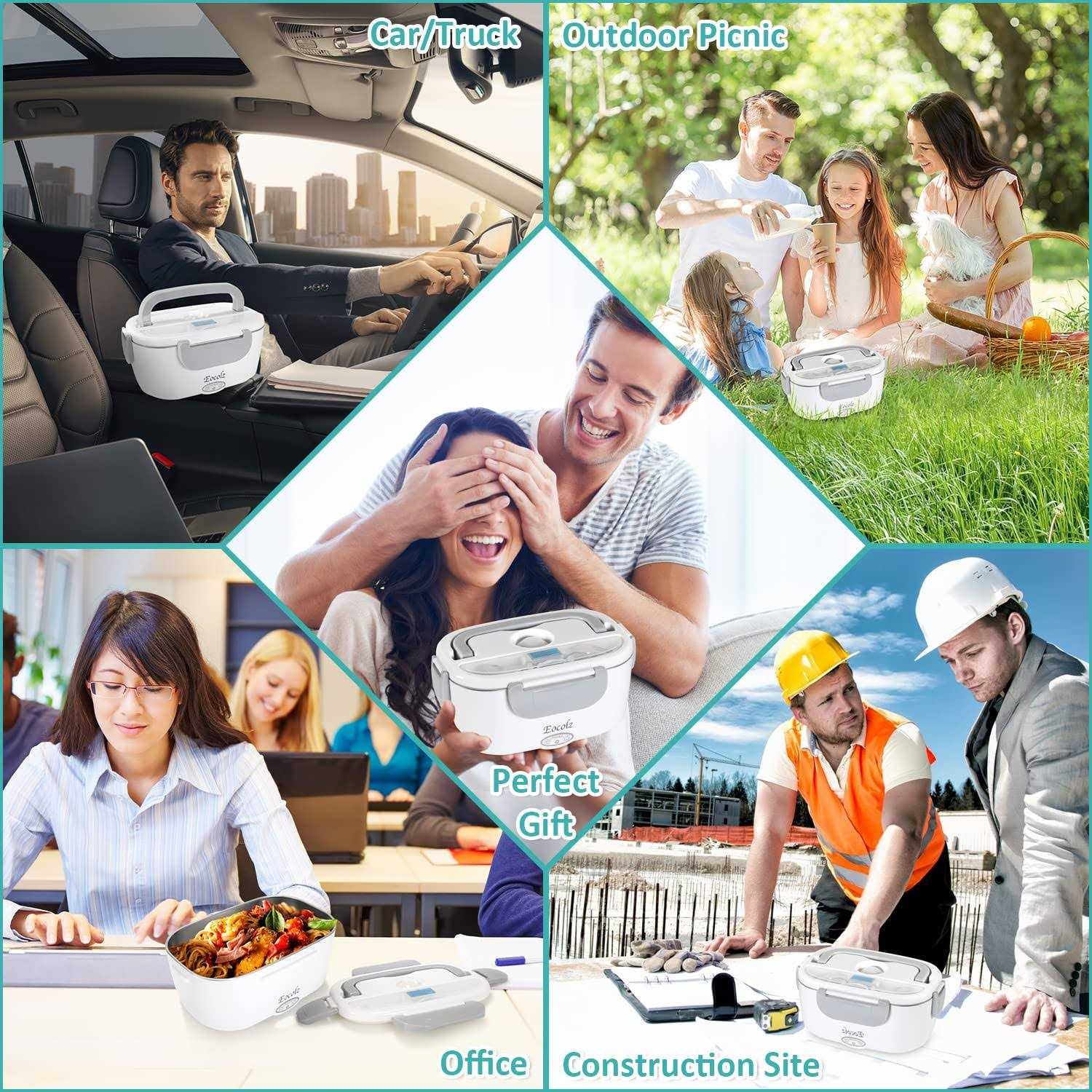 Eocolz Electric Lunch Box Food Heater Warmer 60W 2 in 1 Portable Lunch Box for Car Truck Home Work Leak Proof with 1.5l Removable 304 Stainless