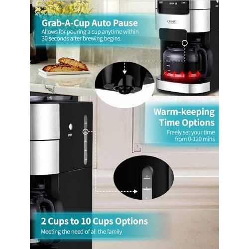 10-Cup Drip Coffee Maker, Grind and Brew Automatic Coffee Machine with Built-In Burr Coffee Grinder, Programmable Timer Mode and Keep Warm Plate