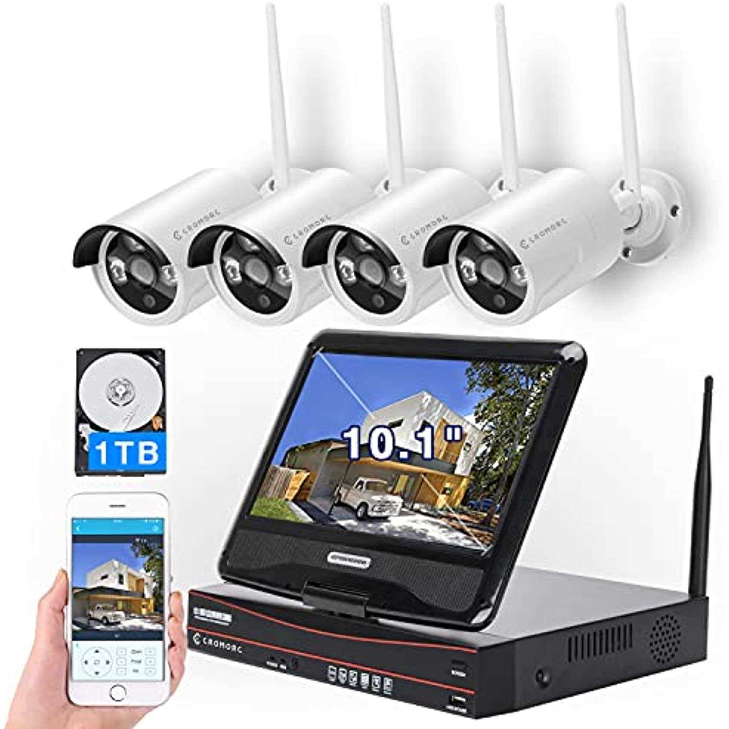 10ch Expandable All in One Wireless Security Camera System with 10.1 Monitor 4pcs 3MP Indoor Outdoor Camera One-Way Audio Night Vision Motion