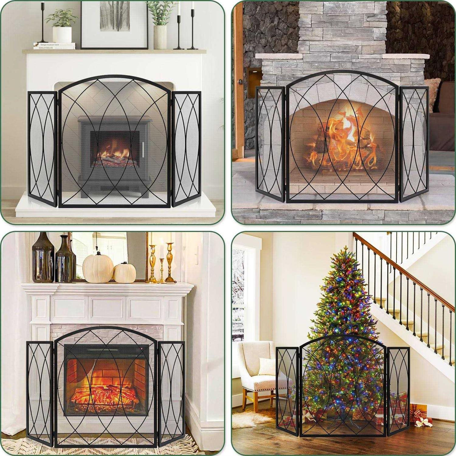 Feed Garden 3 Panel Fireplace Screen 48 W x 29.5 H Modern Foldable with Wrought Metal Decorative Mesh,Arch Heavy Duty Fire Spark Guard Cover