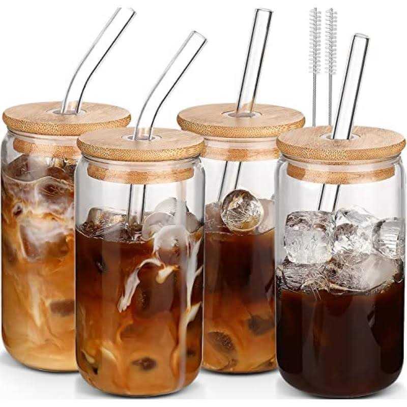 DWTS DANWEITESI 16oz Glass Cups with Lids and Straws 4pcs-dwts Coffee Cups,Drinking glasses,Gift 2 Cleaning Brushes