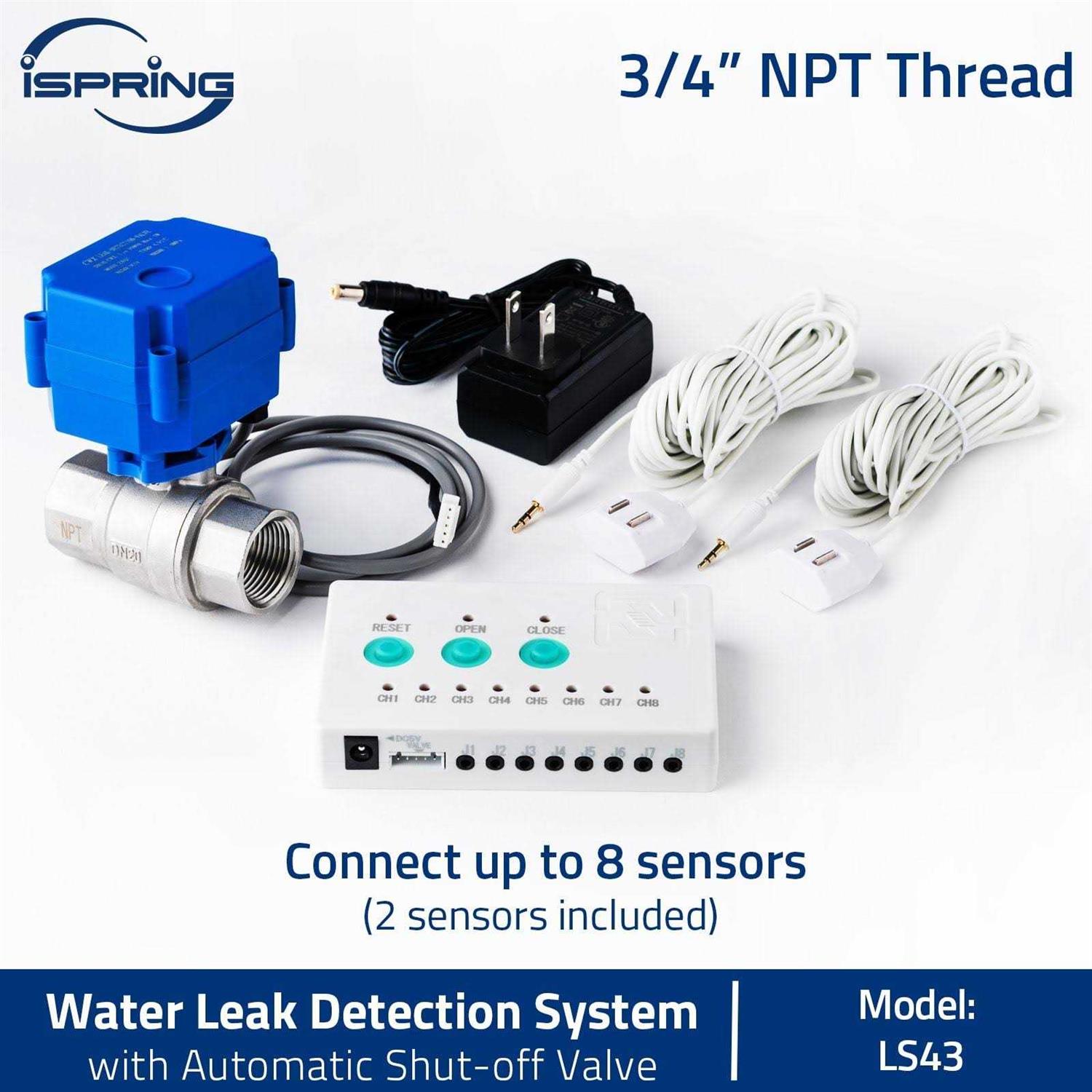 iSpring Ls43 Water Leak Detector Alarm System, Automatic Shut-Off Valve and 2 Detection Sensors