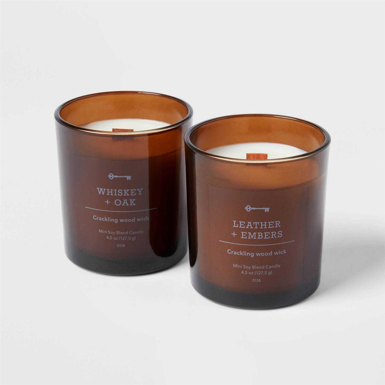 Threshold Set of 2 4.5oz Woodwick Candles Gift Whiskey + Oak & Leather + Embers