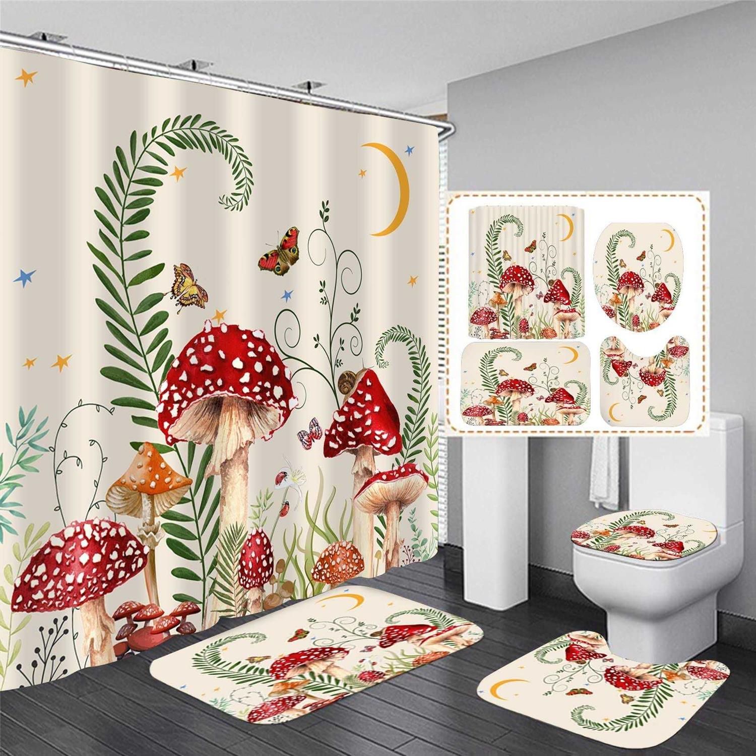 4PCS Mushroom Butterfly Flower Shower Curtain Set with Non-Slip Rugs, Toilet Lid Cover and Bath Mat