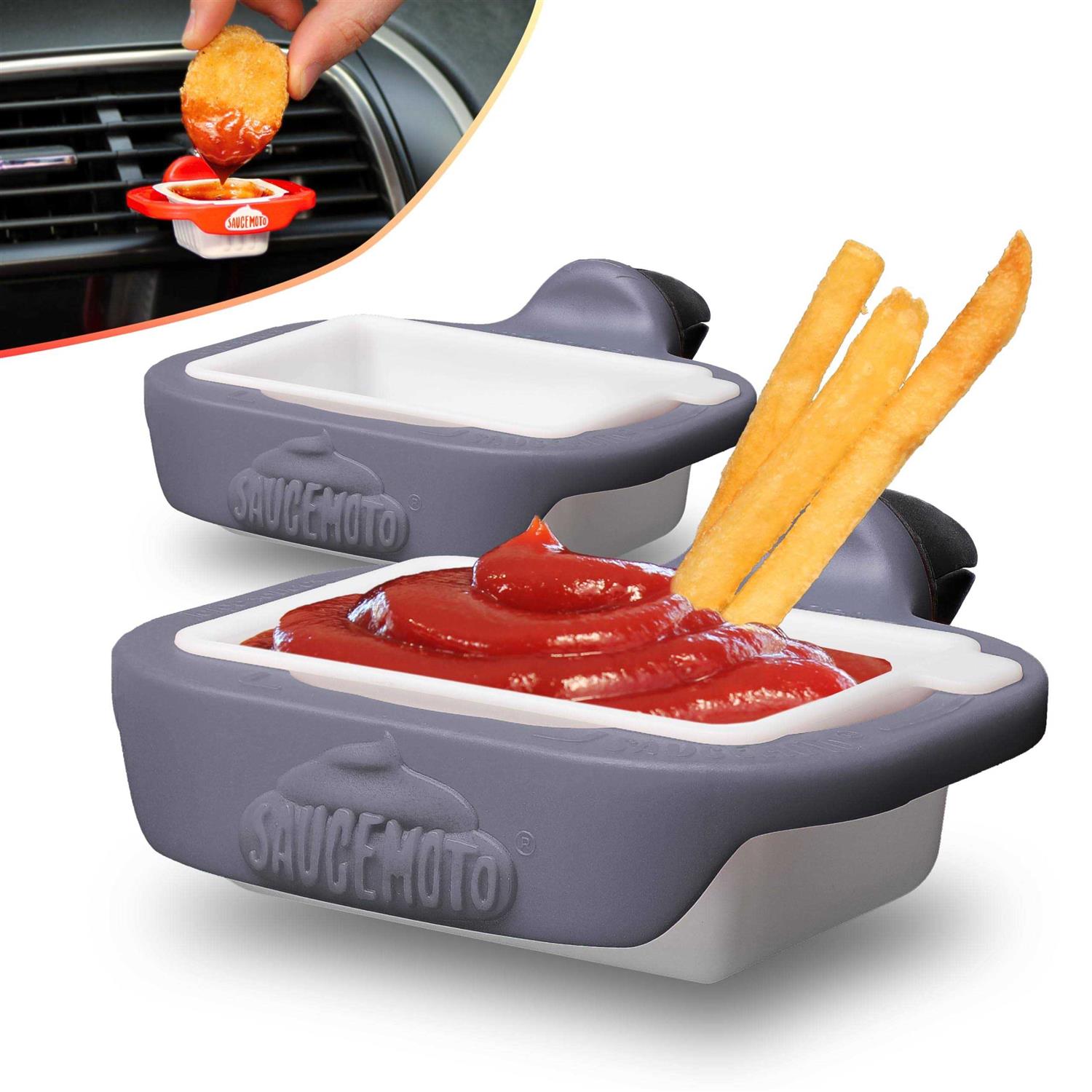 Saucemoto Dip Clip An in car sauce holder for ketchup and dipping sauces. As seen on Shark Tank