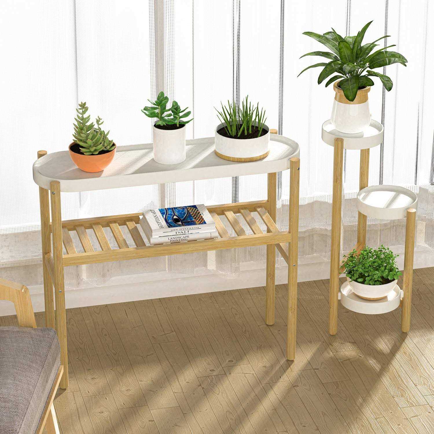 Wisuce Bamboo plant Shelf Indoor 2 Tier Tall plant Stand Table for Multiple Plants