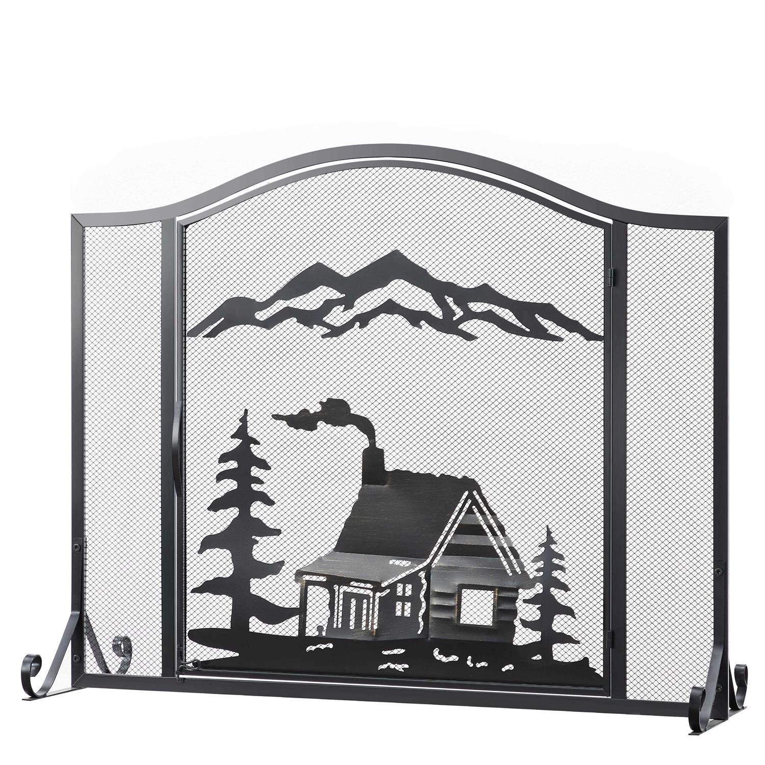 Vanity Art Unique Forest Woodhouse Black Single Panel Iron Fireplace Screen