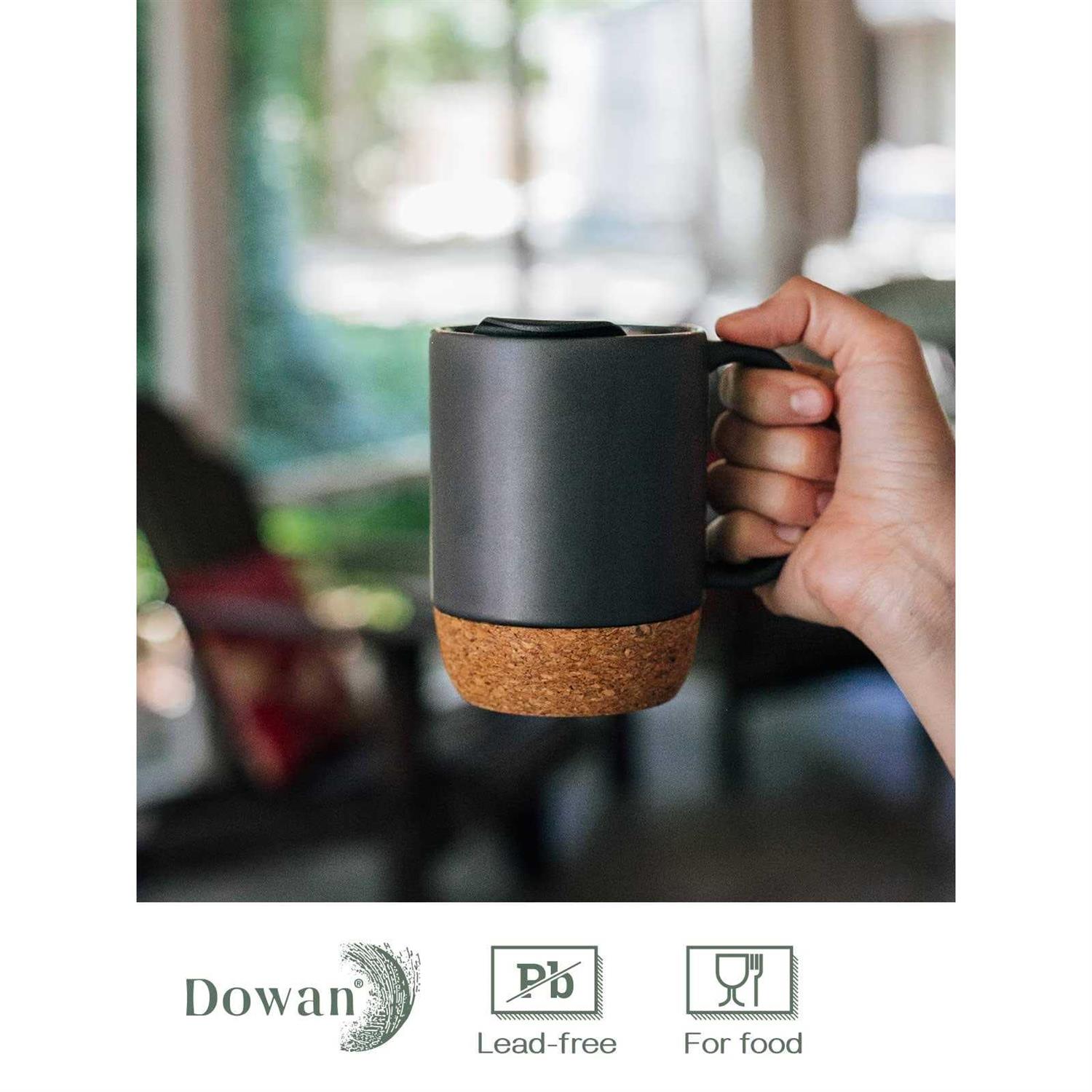 DOWAN Coffee Mugs, 15 oz Mug Set of 2, Large Ceramic Coffee Mug with Cork Bottom and Spill Proof Lid for Men