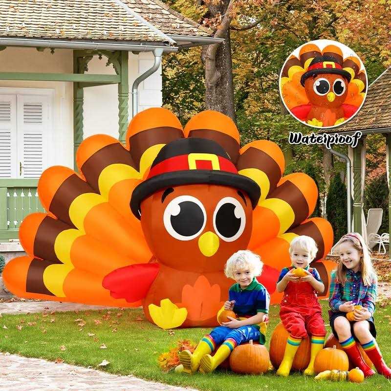 GOOSH 8 FT Long Thanksgiving Iatables Turkeys Outdoor Decorations Blow Up Yard Big Tail Turkey Baby with Pilgrim Hat with Built-in LEDs