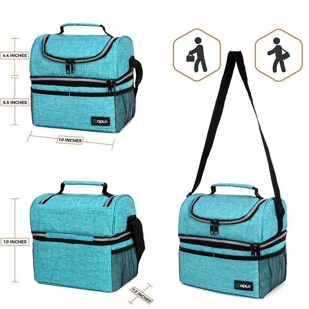 Opux Insulated Dual Compartment Lunch Bag for Men Women Double Deck Reusable Lunch Cooler with Shoulder Strap