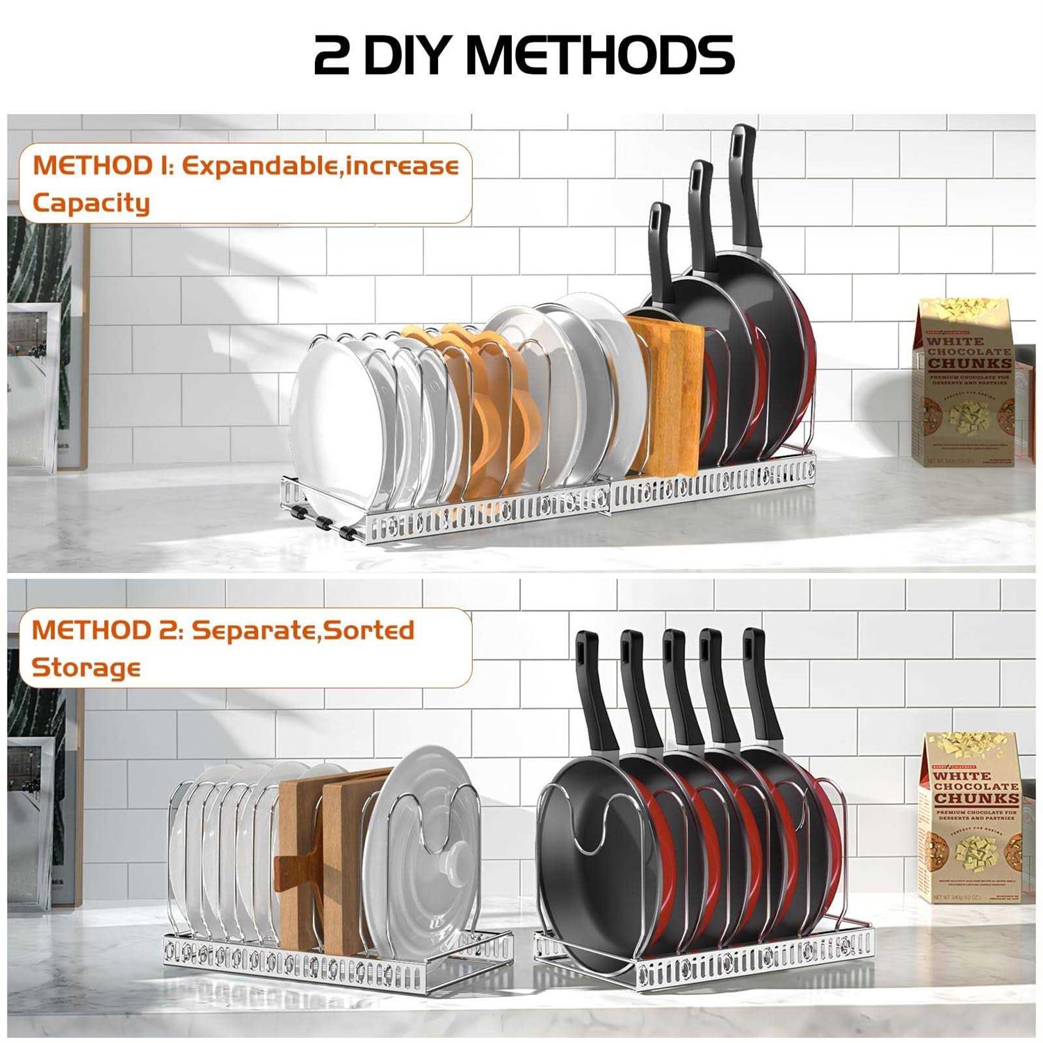 Housolution Pot and Pan Organizer Rack for Cabinet Expandable Pot Lid Organizer with 14 Adjustable Dividers Pan Holder Storage Rack