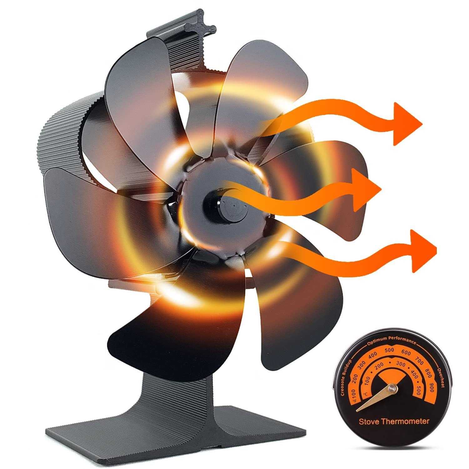 Holldoor 6 Blade Wood Stove Fan Heat Powered Non Electric Fireplace Fan with Stove Top Thermal Fan Thermometer for Wood Burning Stove/Fireplace