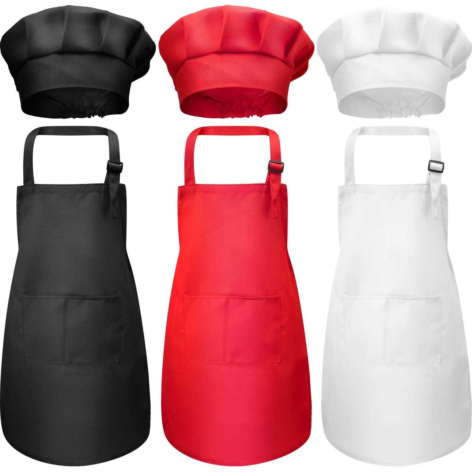 CHENGU 6 Pieces Kids Chef Hat Apron Set Boys Girls Aprons for Kids Adjustable Aprons Kitchen Bib Aprons with 2 Pockets for Kitchen Cooking Baking