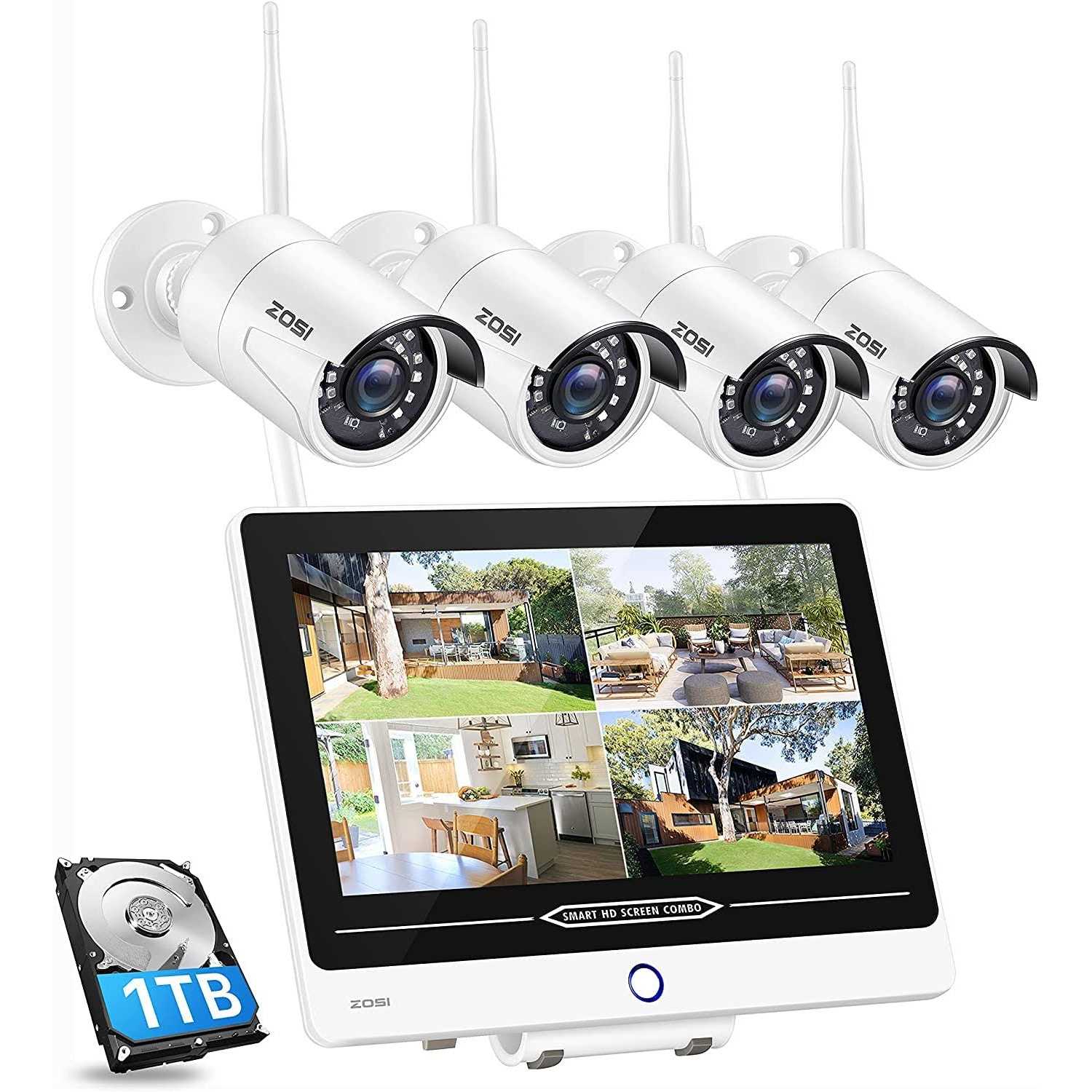 ZOSI H.265+ 8-Channel 1080p FHD 1TB NVR Security Camera System with 4-Wireless Bullet Cameras and 12.5 in. LCD Monitor