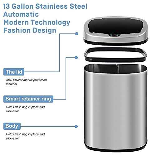 13 Gallon 50 Liter Kitchen Trash Can with Touch-Free & Motion Sensor, Automatic Stainless-Steel Garbage Can, Anti-Fingerprint Mute Designed Trash