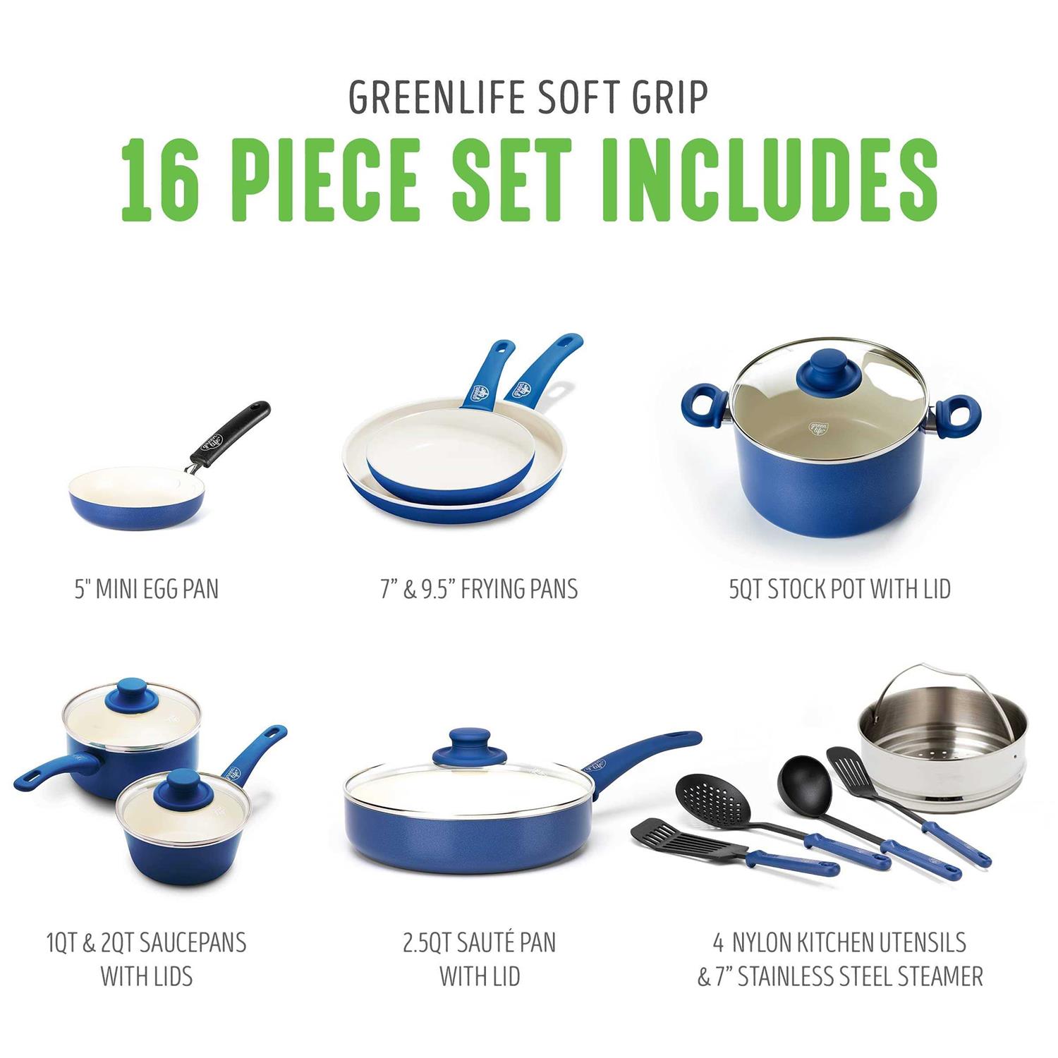 Greenlife Soft Grip 16 Piece Ceramic Non-Stick Cookware Set